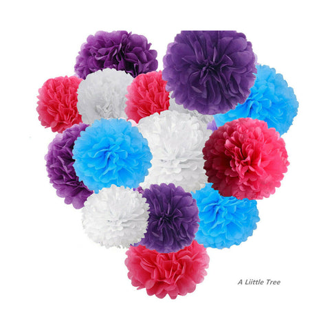 12 Tissue  Pompoms (Purple+ Blue+ White+ Hot Pink)